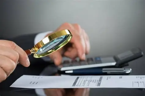 Reviewing financial documents with a magnifying glass and calculator